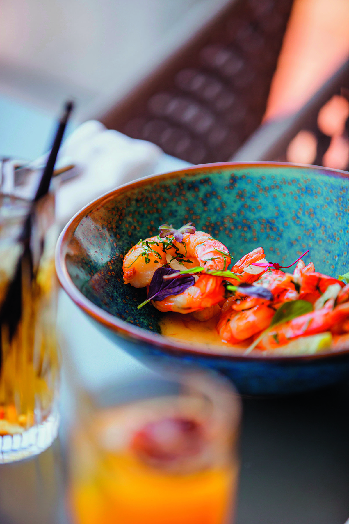 prawns in a blue bowl