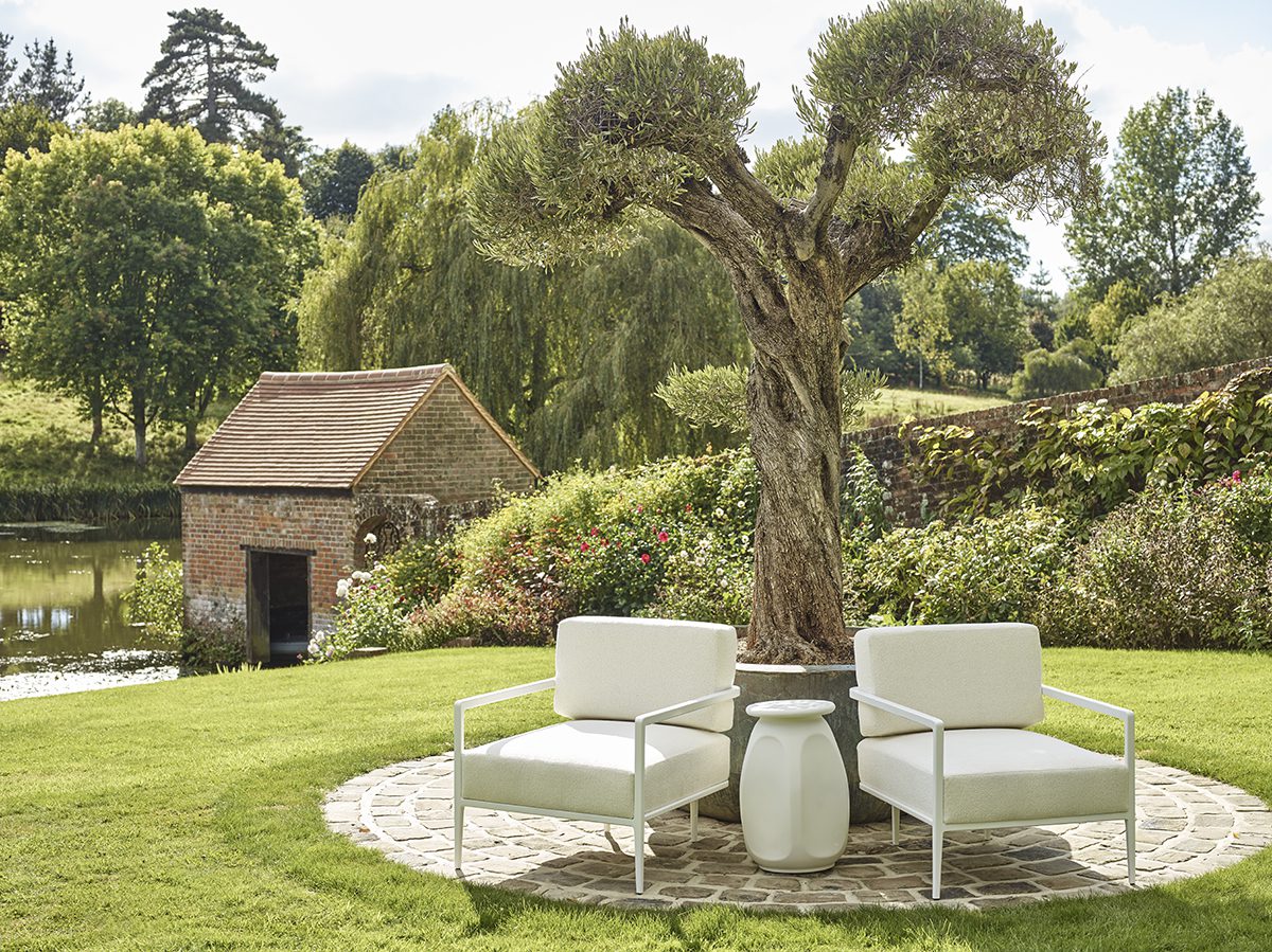 HyperFocal: 0 white chairs in front of an olive tree and a hut on the grass