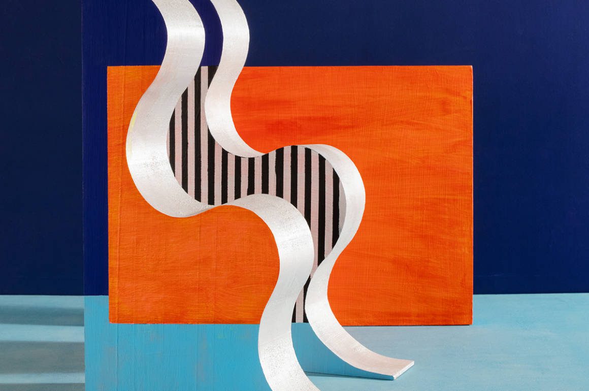 photograph that looks like painting with swirly silver object and squares