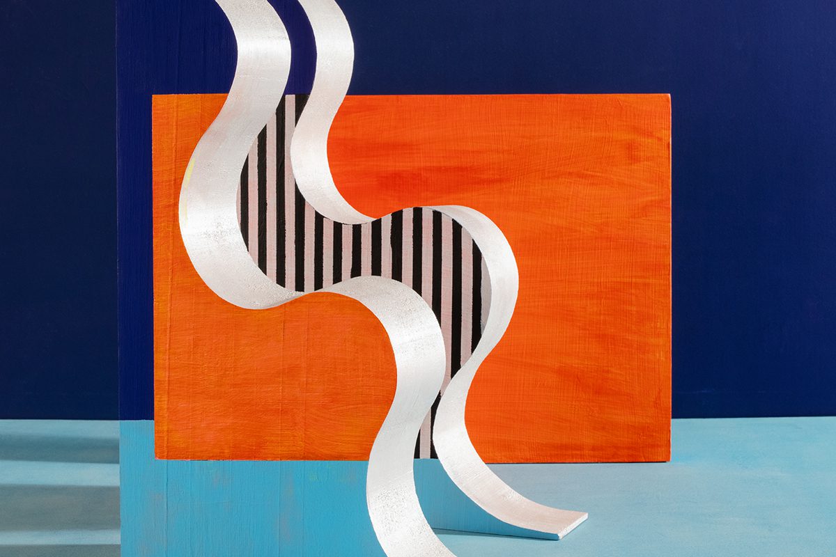 photograph that looks like painting with swirly silver object and squares