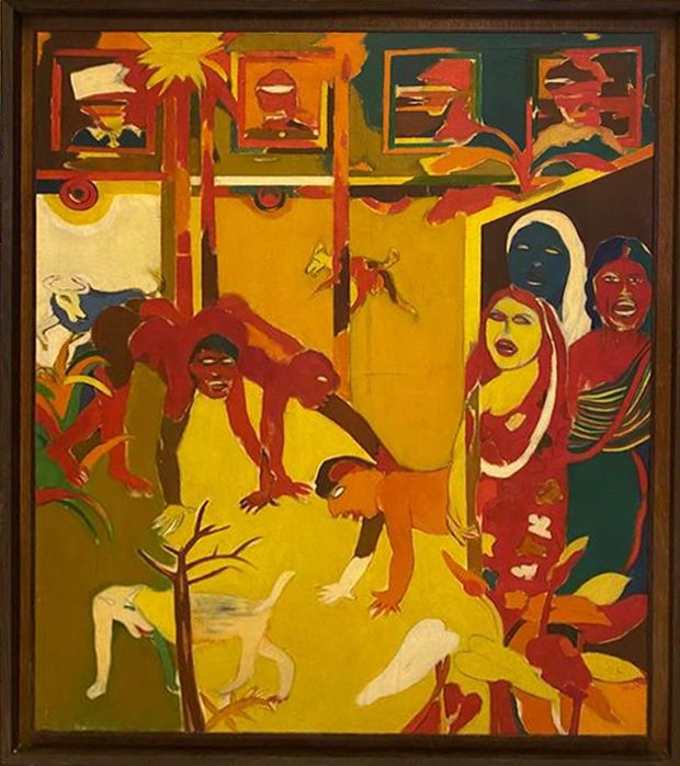 A yellow, red and green of painting of women and men wearing army uniforms