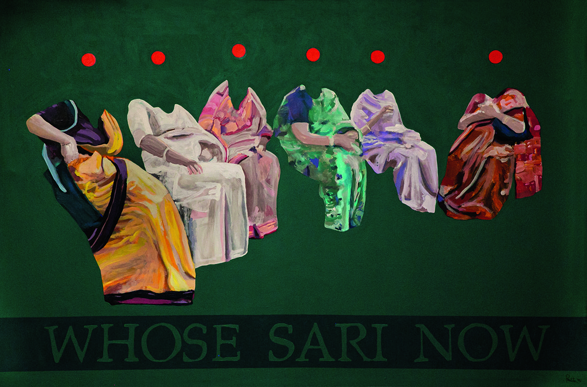 different colour saris on a green back ground