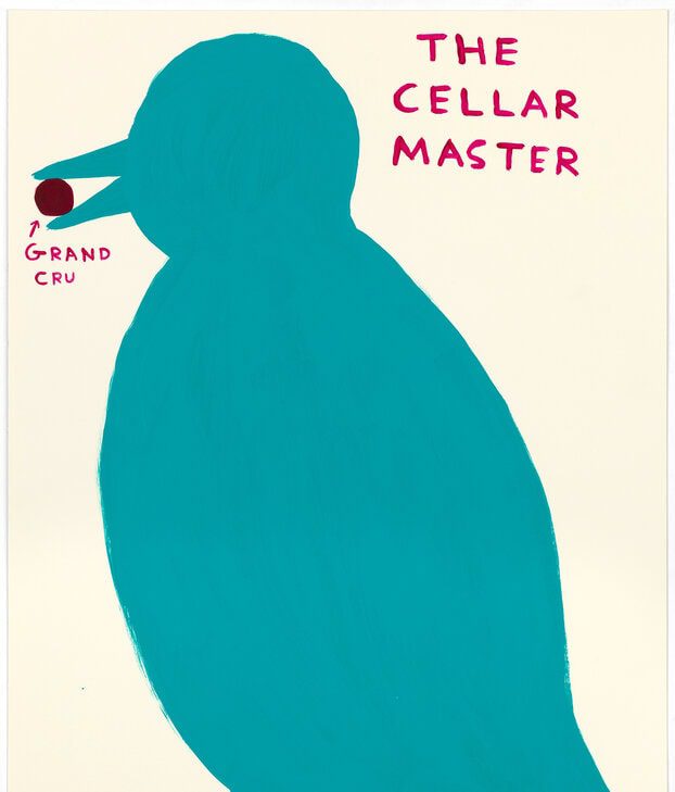 A drawing of a blue bird with a red grape in its mouth