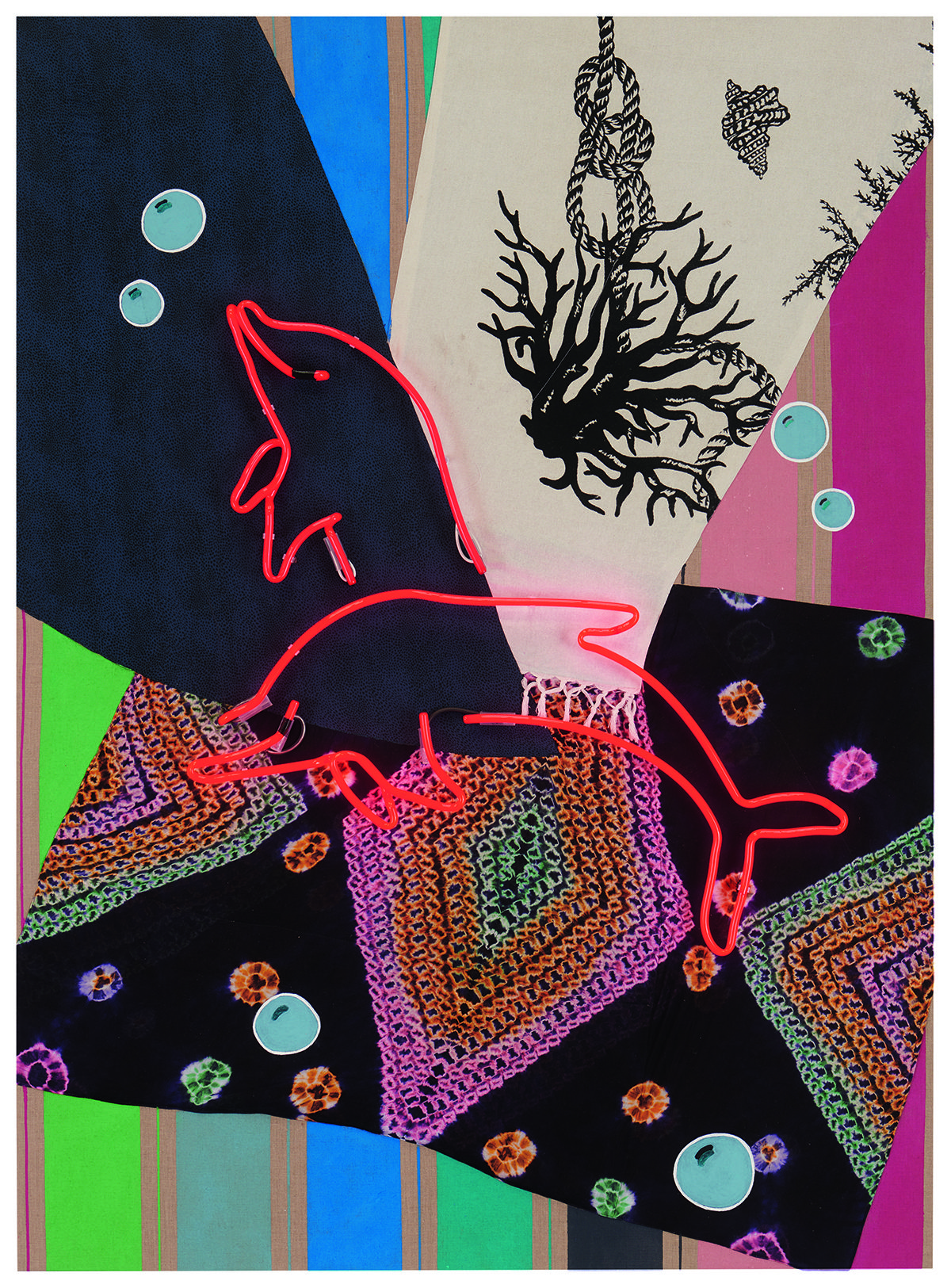 colourful cut outs with red dolphins on top