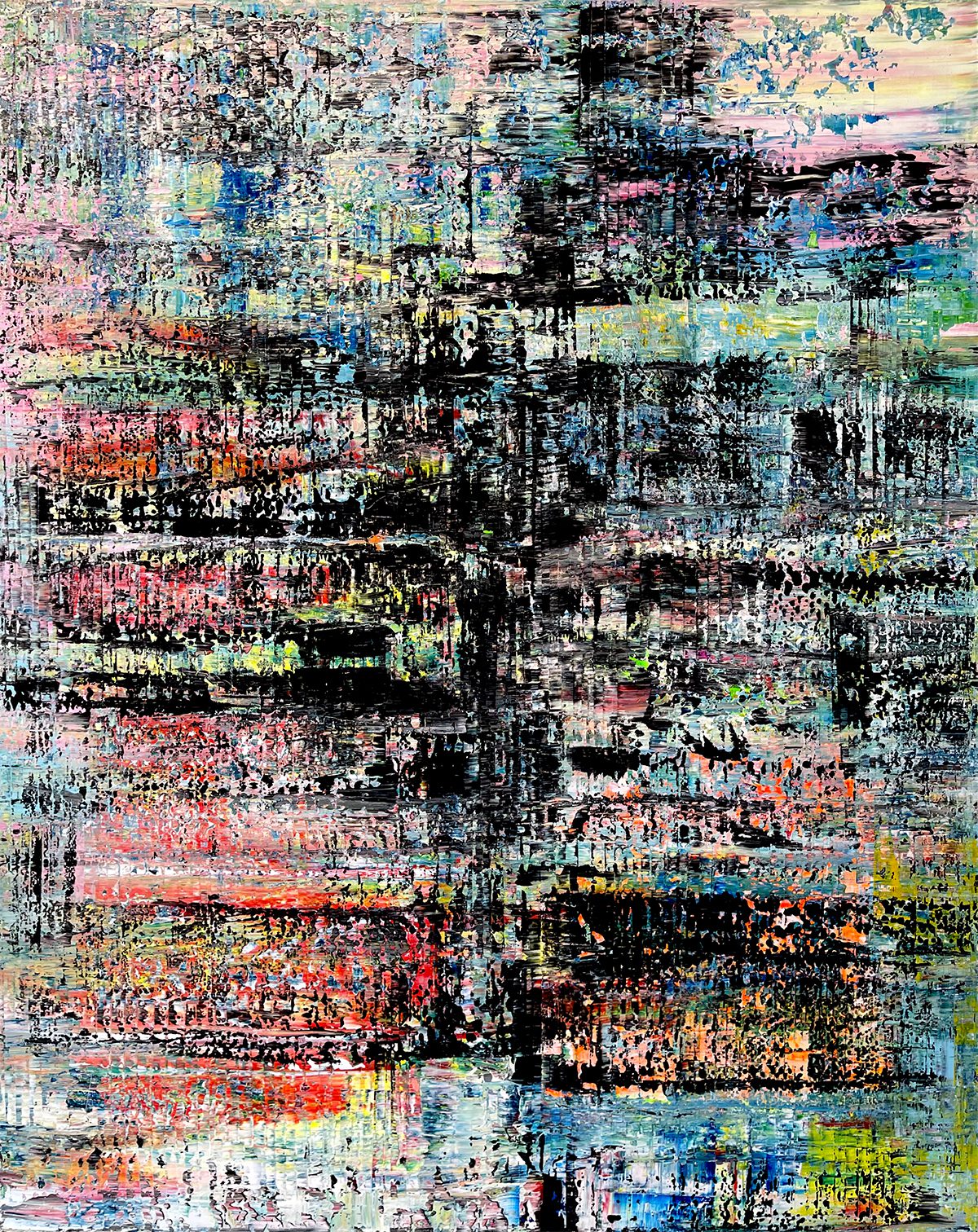 abstract painting with black green reds 