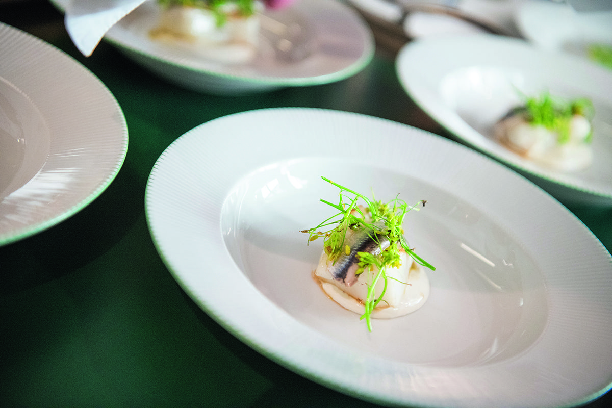 a white small starter with green leave son top on a white plate