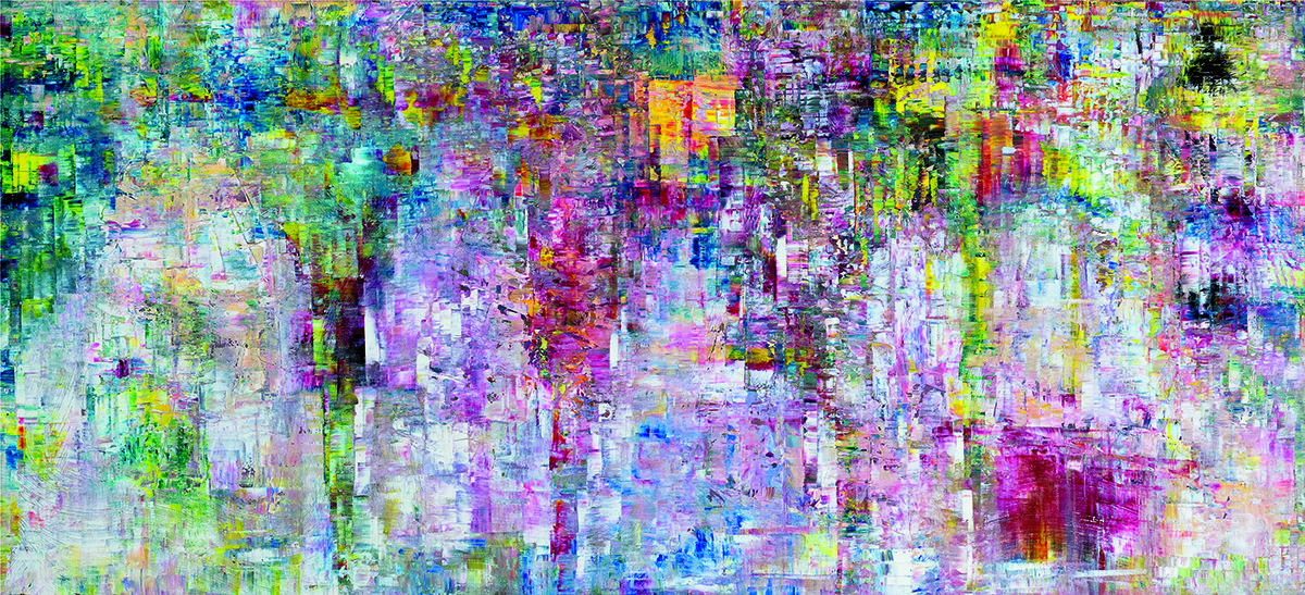 abstract painting with fuchsia red and blue colours 