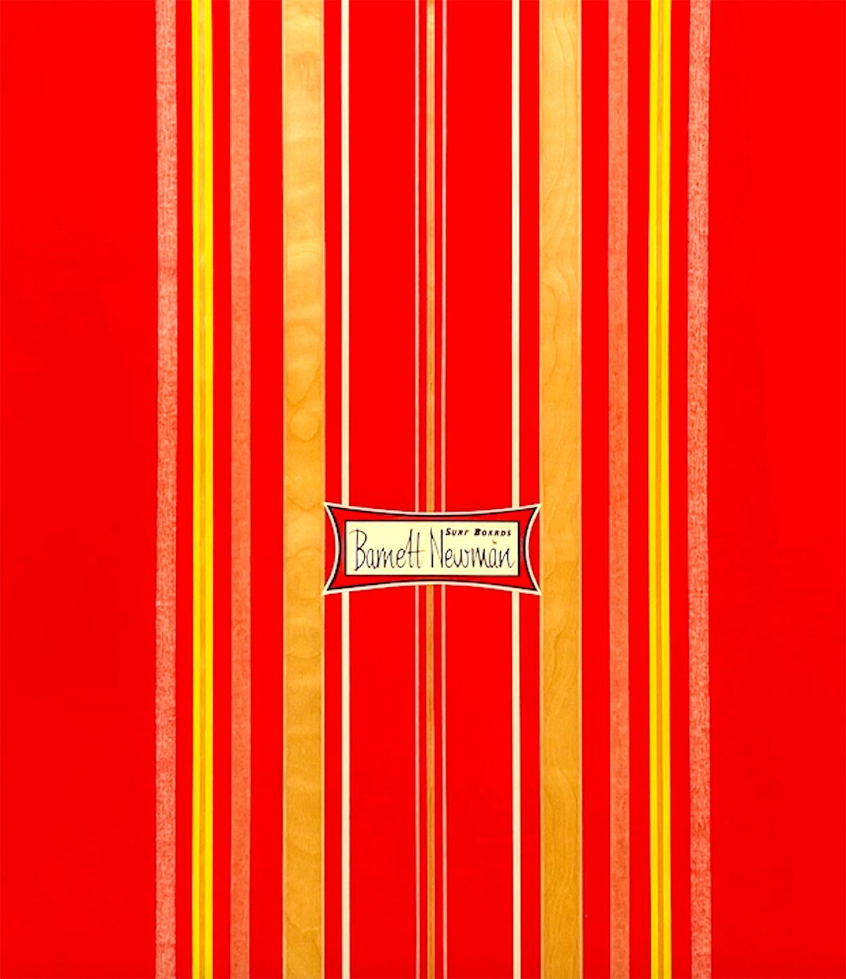 A red and yellow painting with 'Barnett Newman' written in the centre