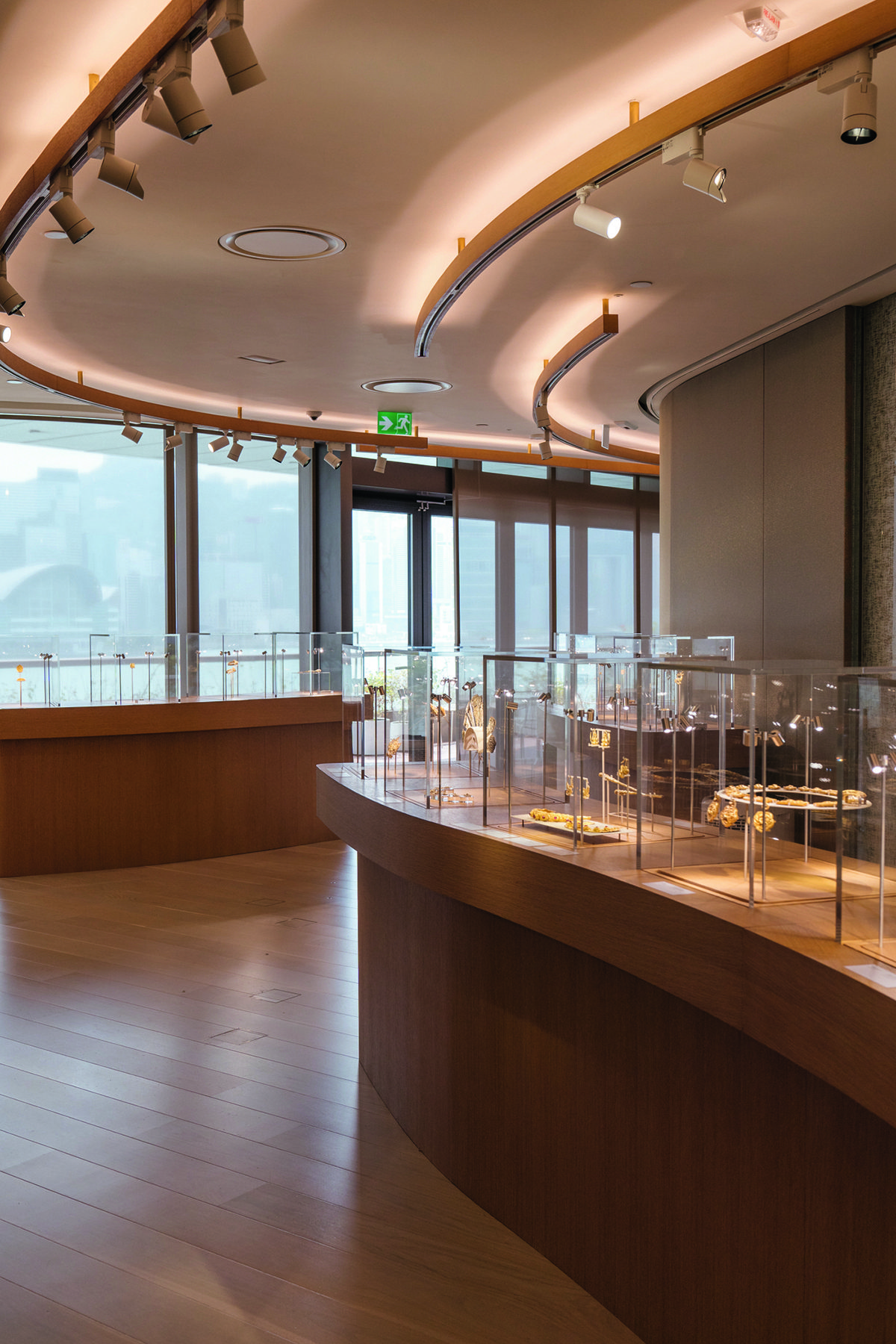 A wooden jewellery store with products on display