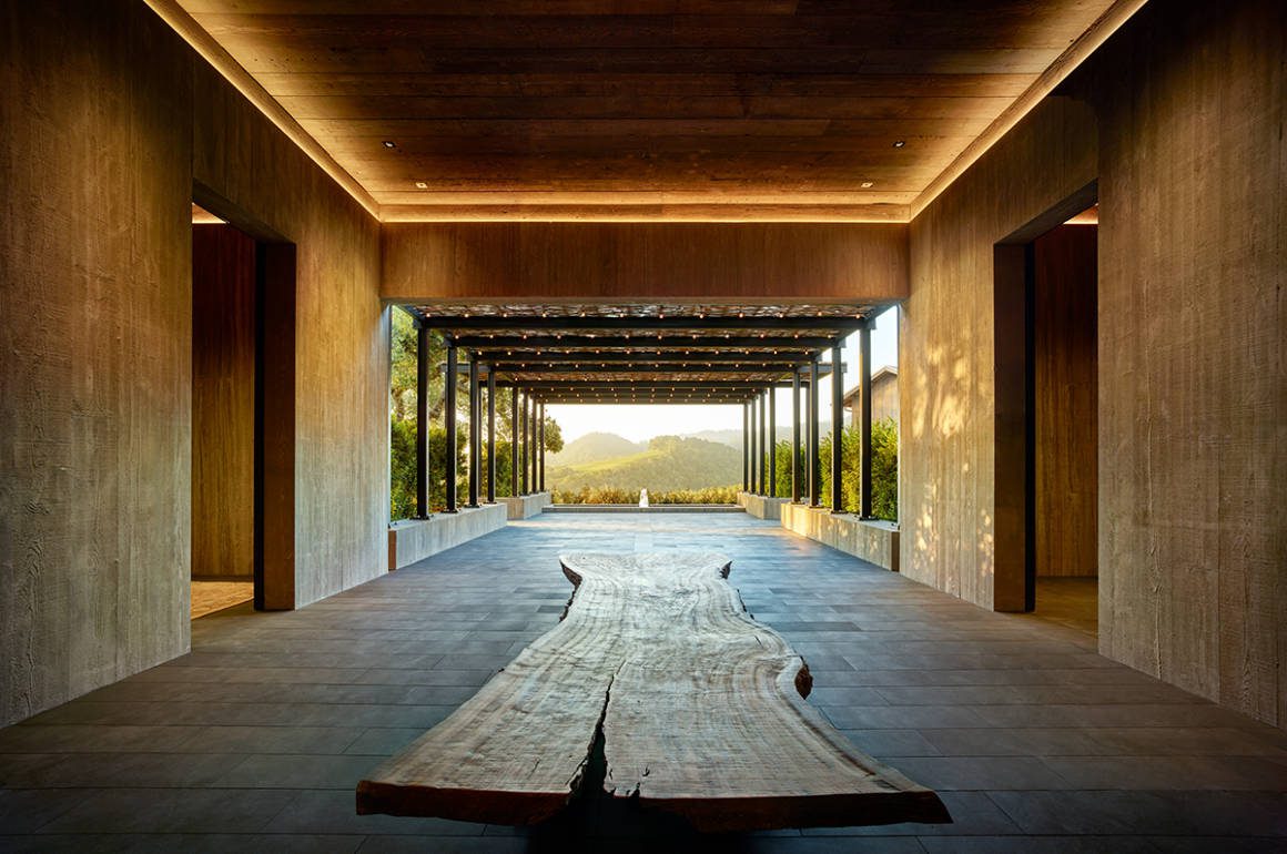 A corridor with a wooden plank leading to a view of vineyards