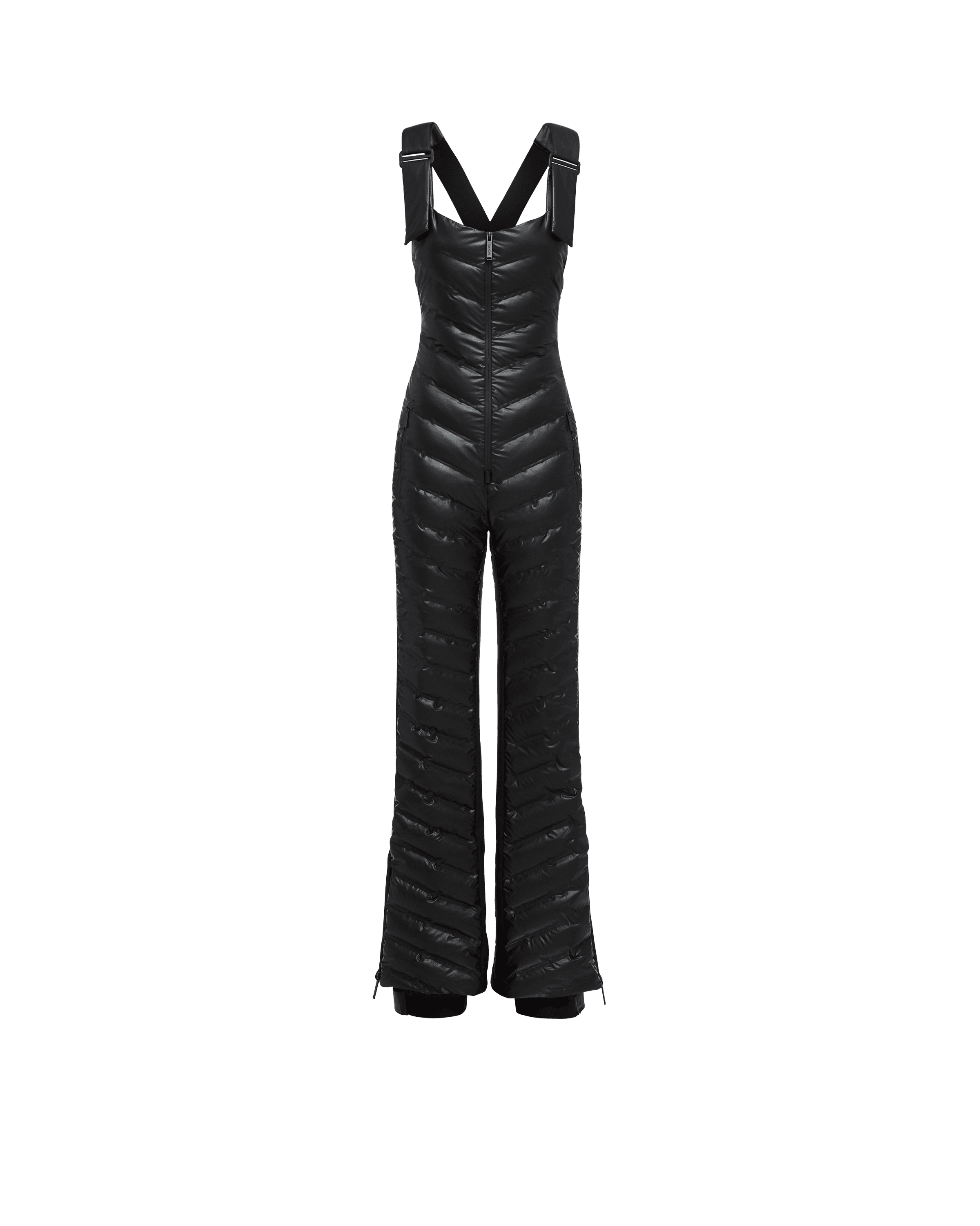 A black puffer ski suit