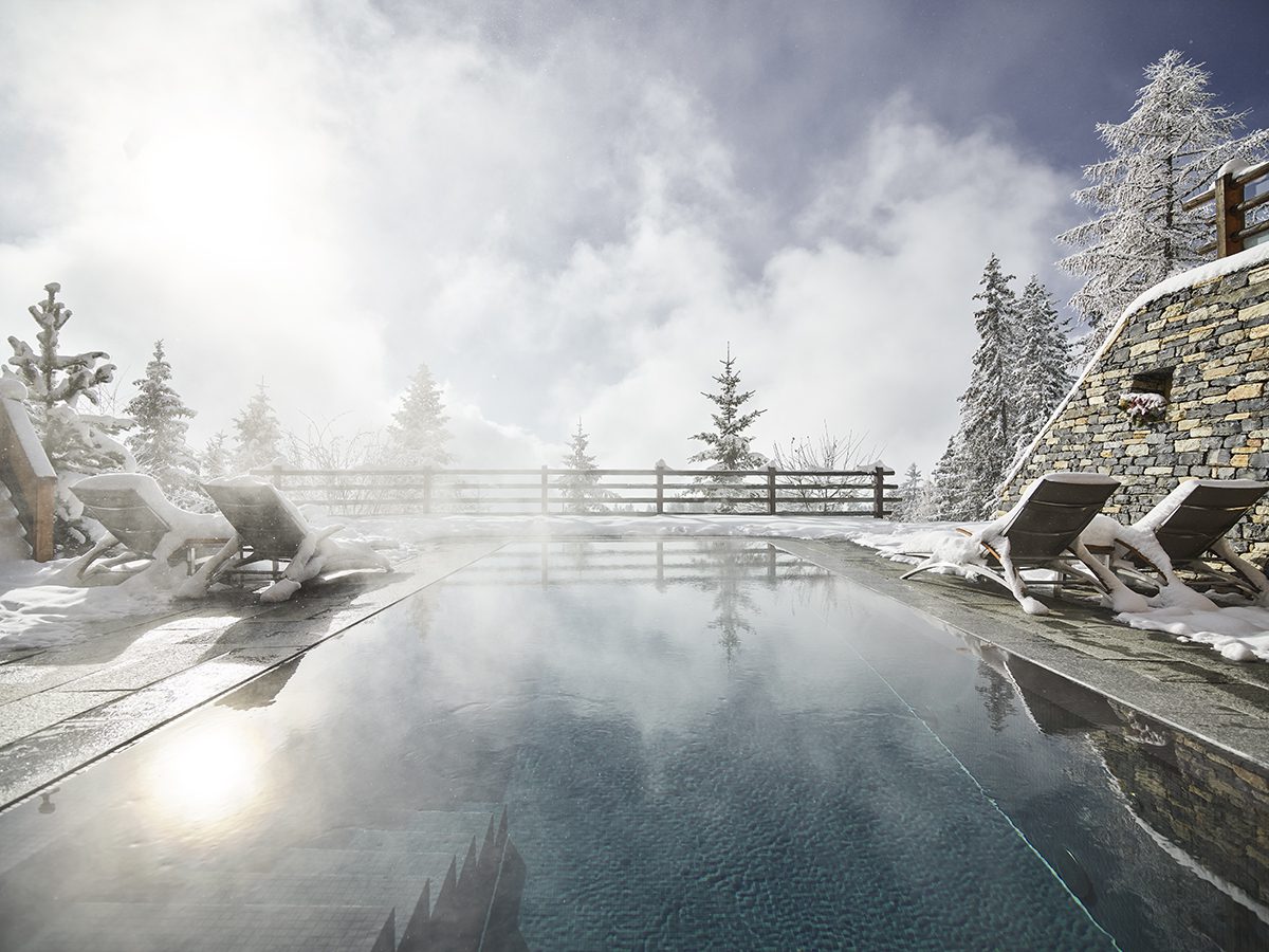 An outdoor pool steaming 