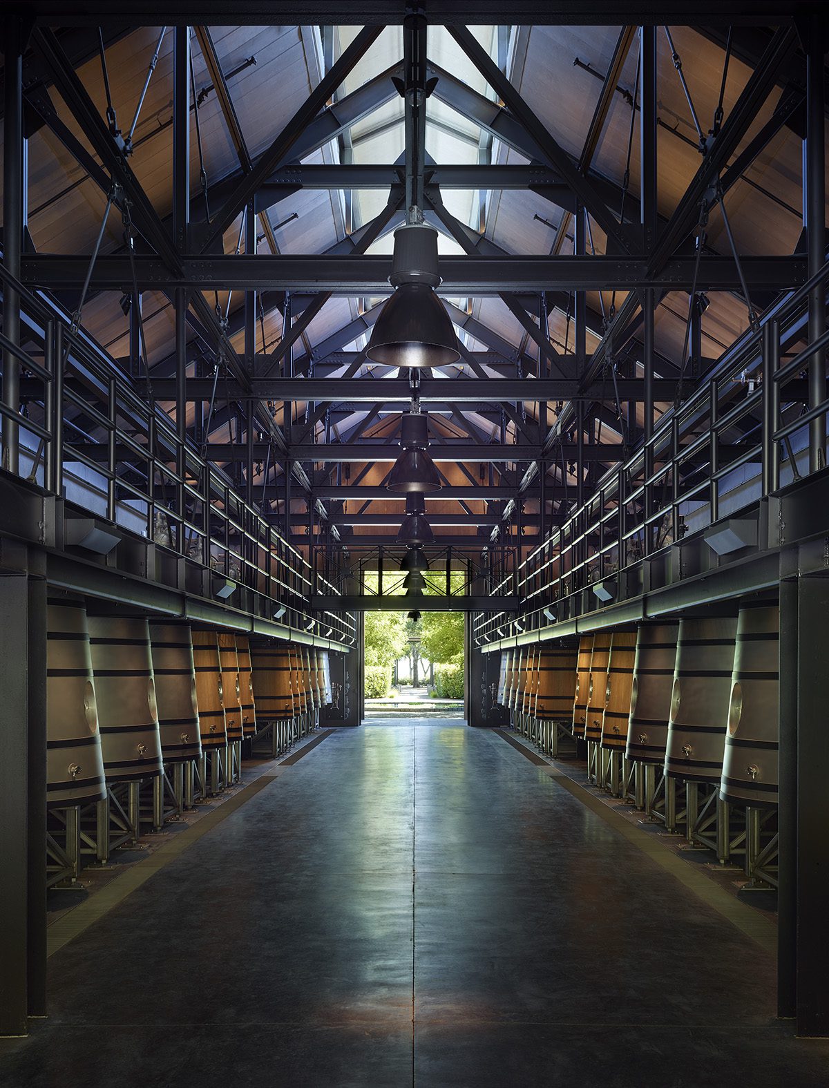A tankroom filled with wooden barrels