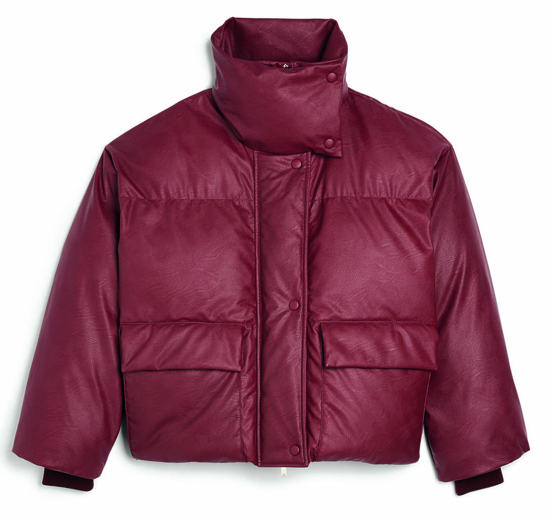red cropped puffer coat