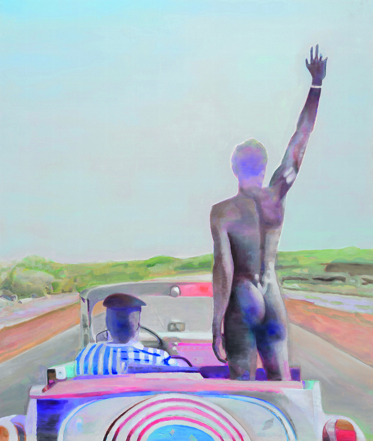 A painting of two people driving in a car and one is standing up naked