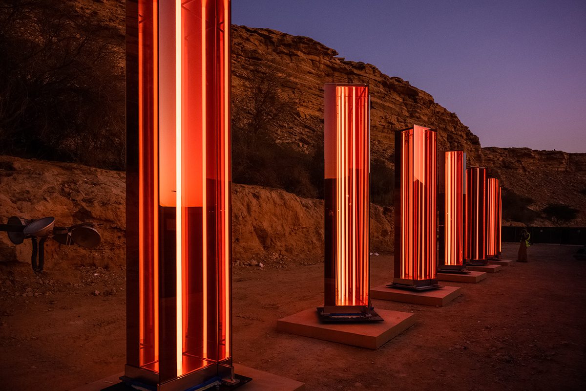 red lights installation in the dessert