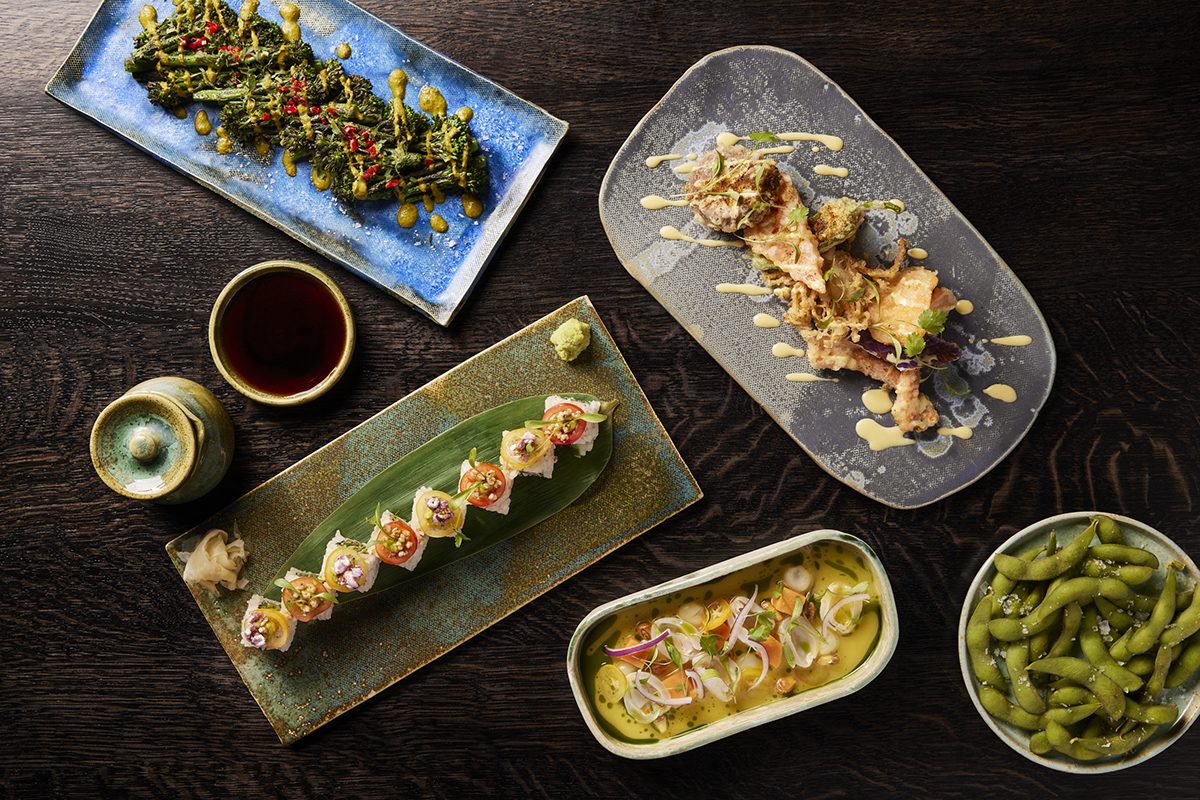 sushi, vegetables, salads and edamame on plates and in bowls on a table