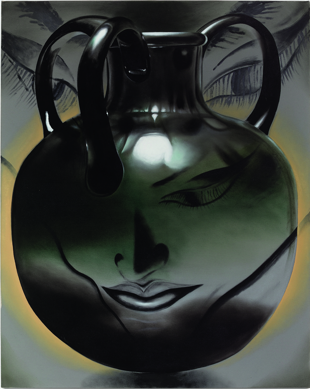 A painting of a black and green vase with a face on it