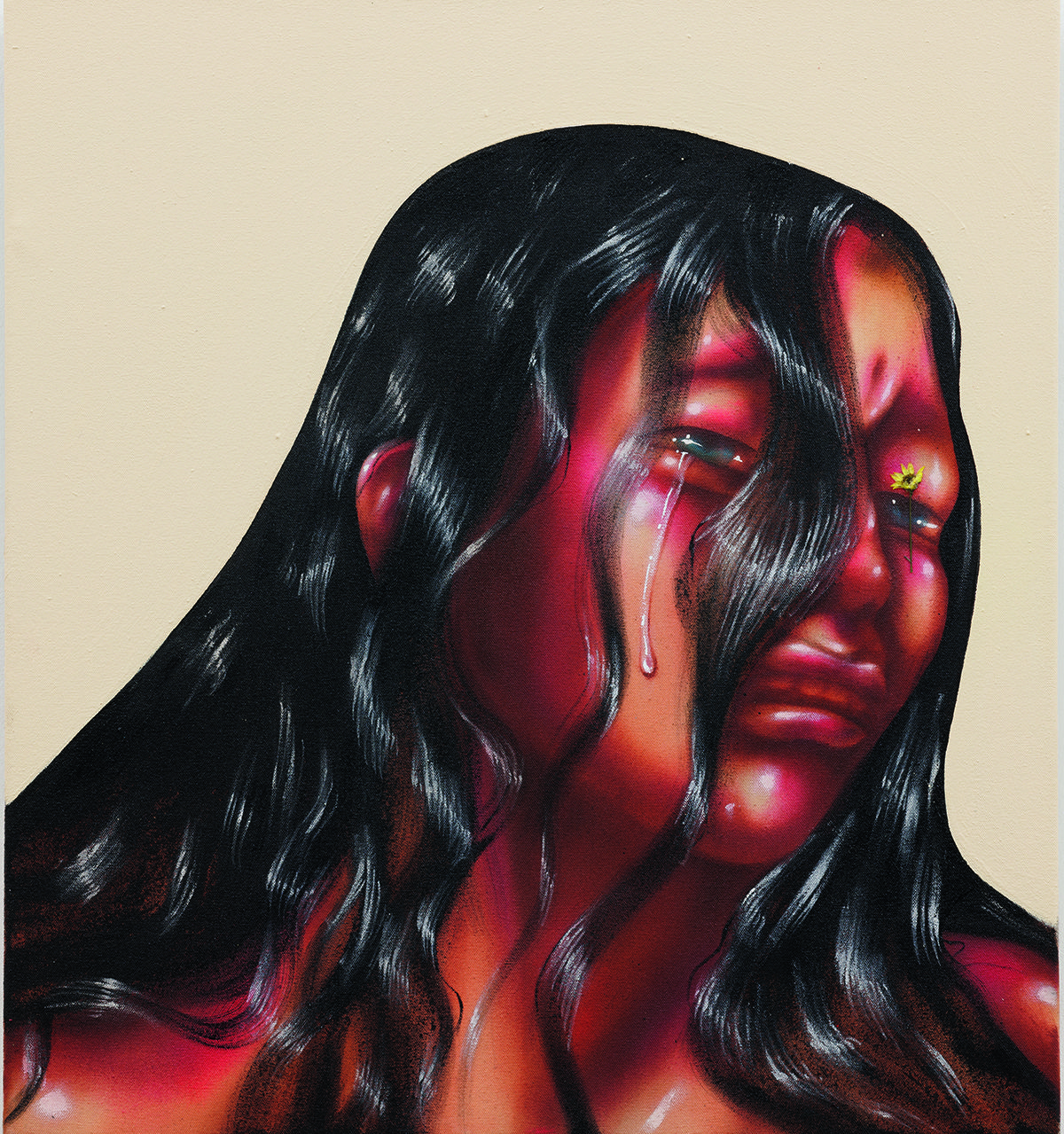 A painting of a woman crying with black hair