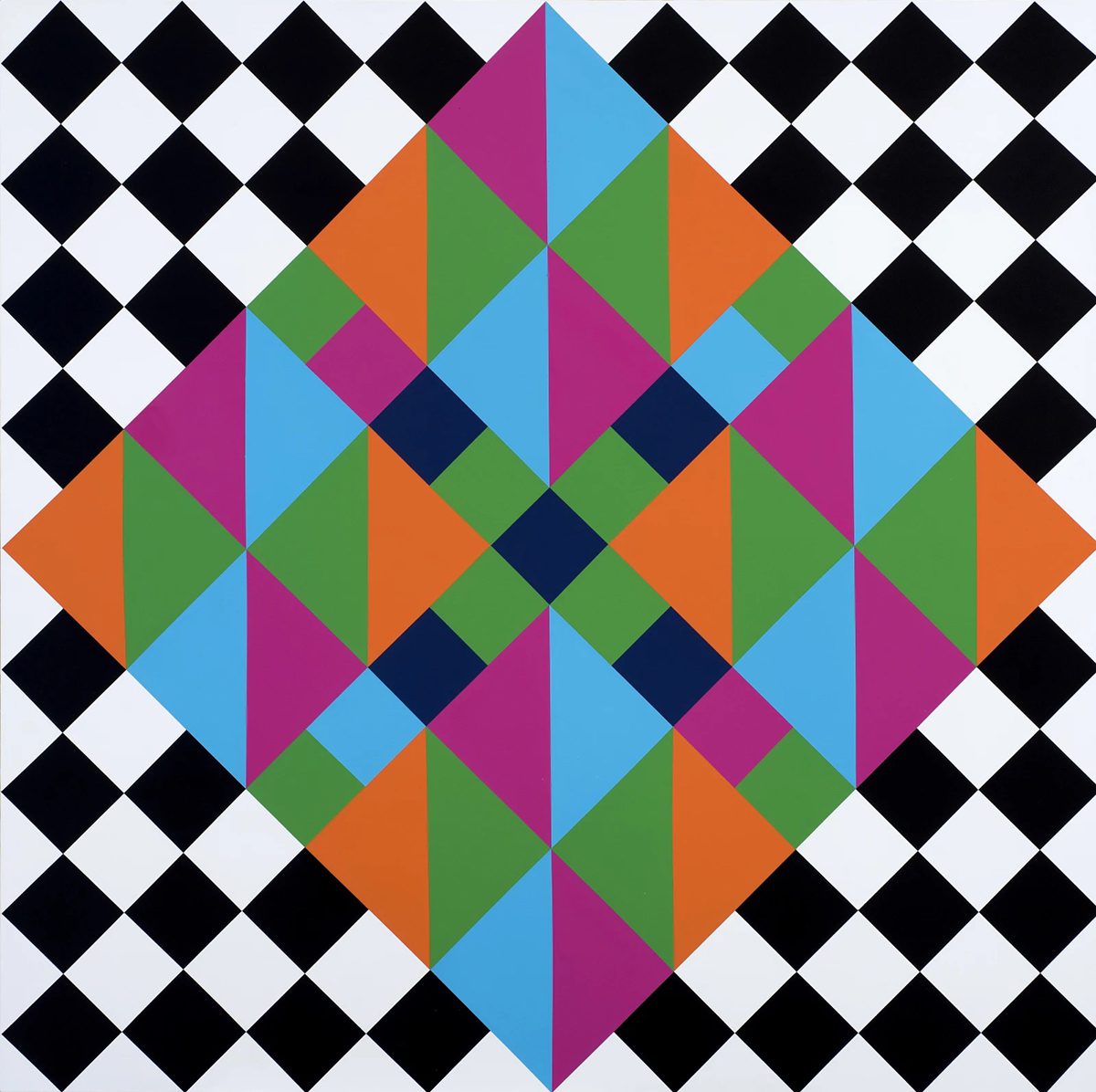 purple, green and orange triangles on a black and white diamond background