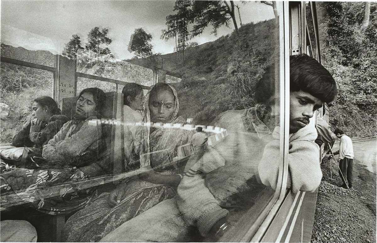 A man with his head leaning outside the window of a train