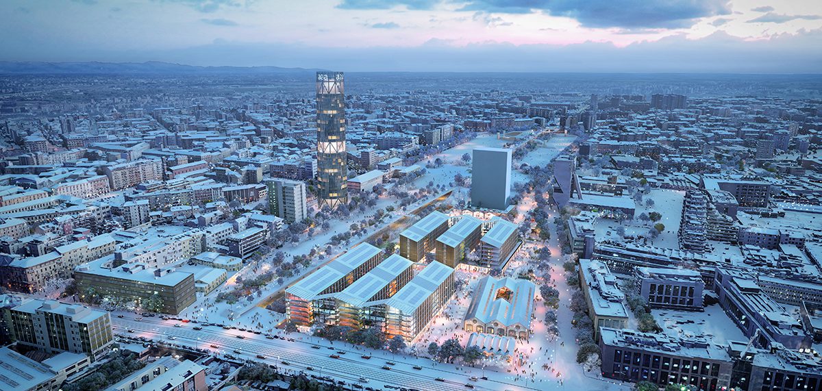 aerial shot of lit up buildings