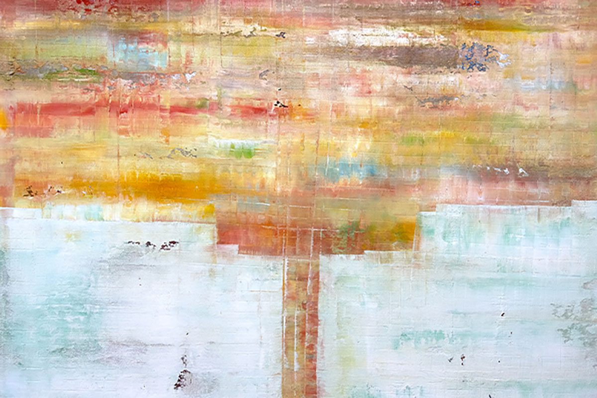 an abstract painting of a pink and yellow tree with a white and blue background