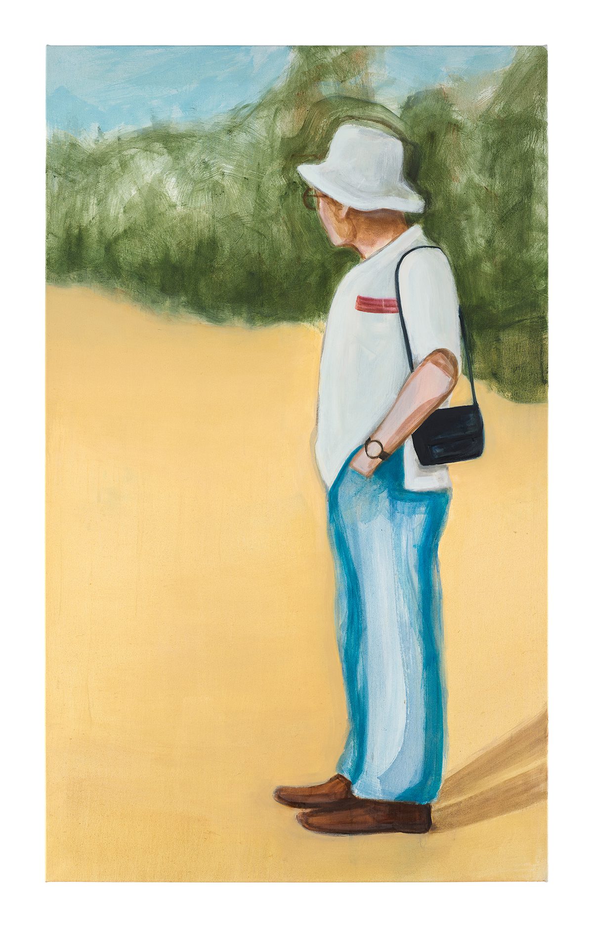 A painting of a woman standing in jeans, a white t shirt and a white hat