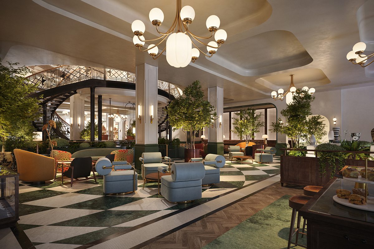 A lounge with blue chairs, a checked black and white floor and a large light chandelier
