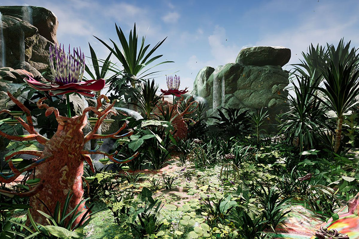 A virtual world with green plants and trees