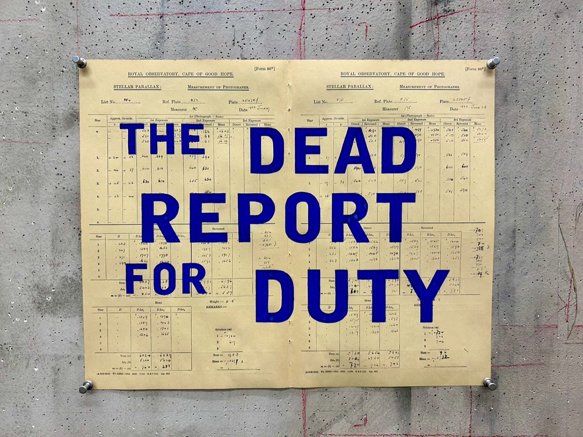 a yellow file note which says The Dead Report For Duty in large blue font