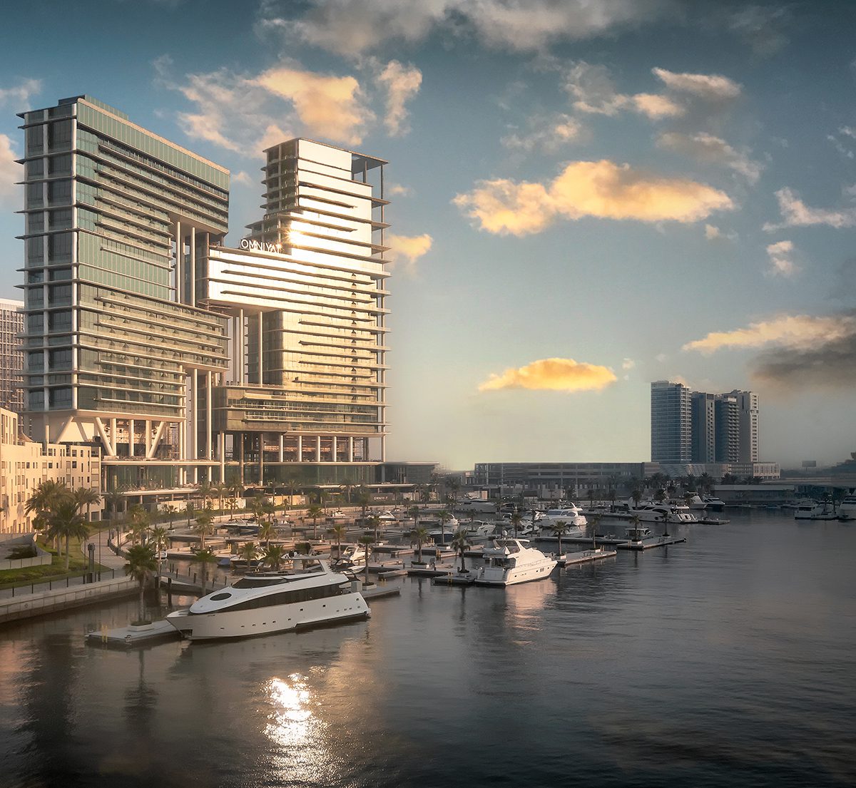 A modern building on the sea with boats in front of it