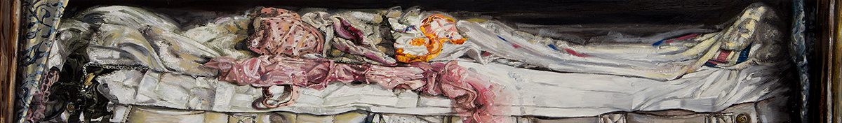 A painting of a woman and clothes on a bed