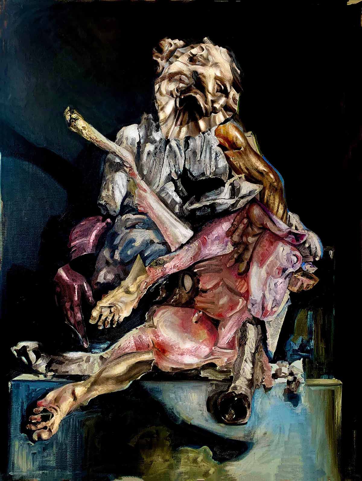 A mythological creature holding an animal's leg