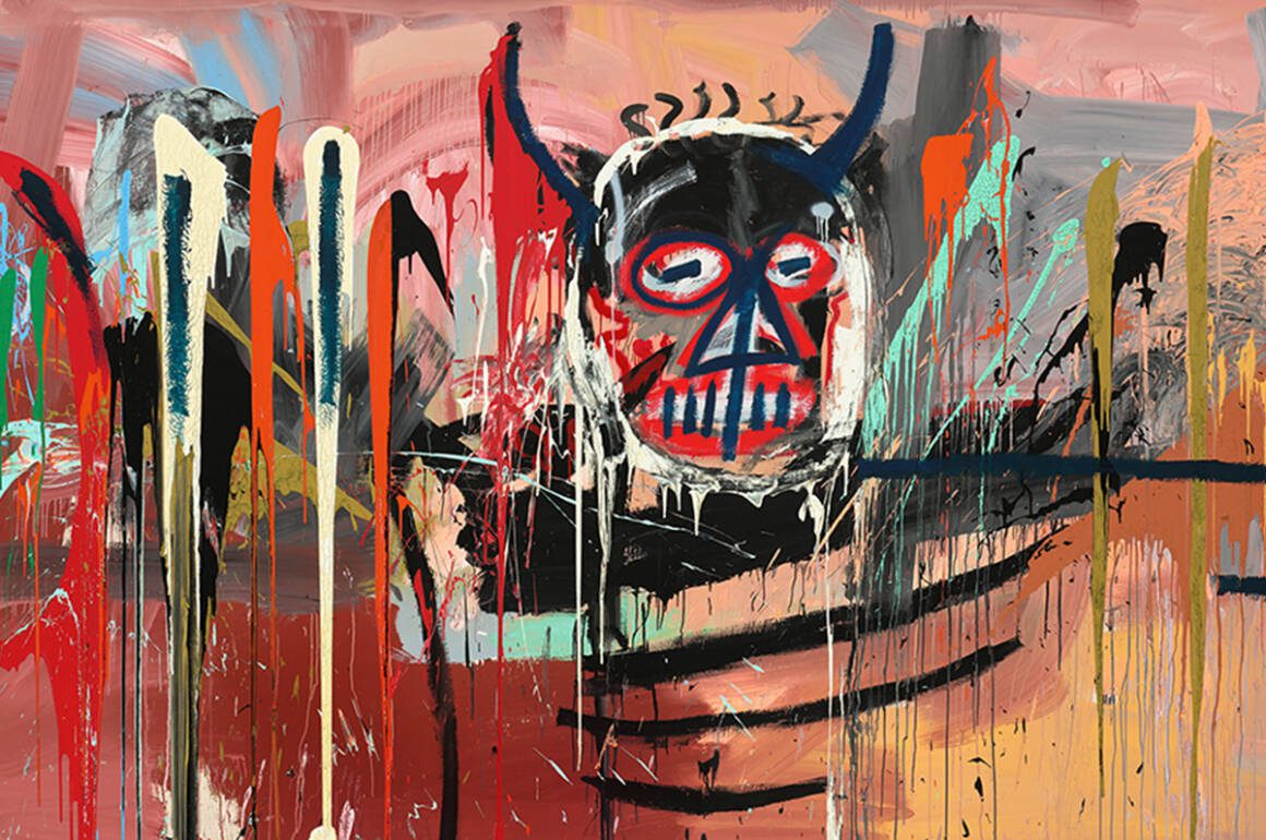 A painting of a devil with red, green and black paint dripping on the canvas