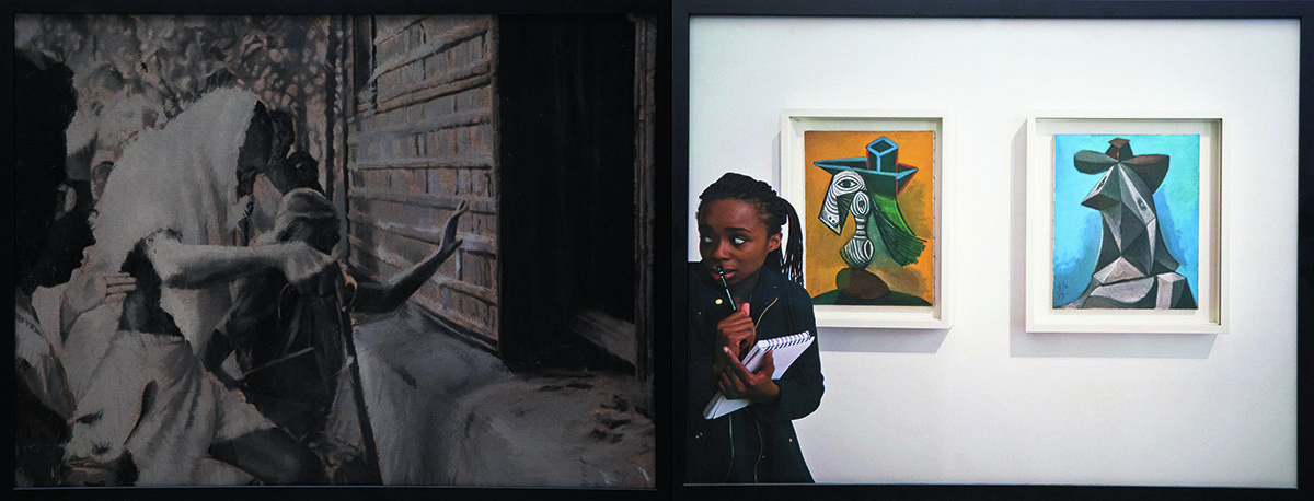 A girl looking at a painting frightened clutching a notepad
