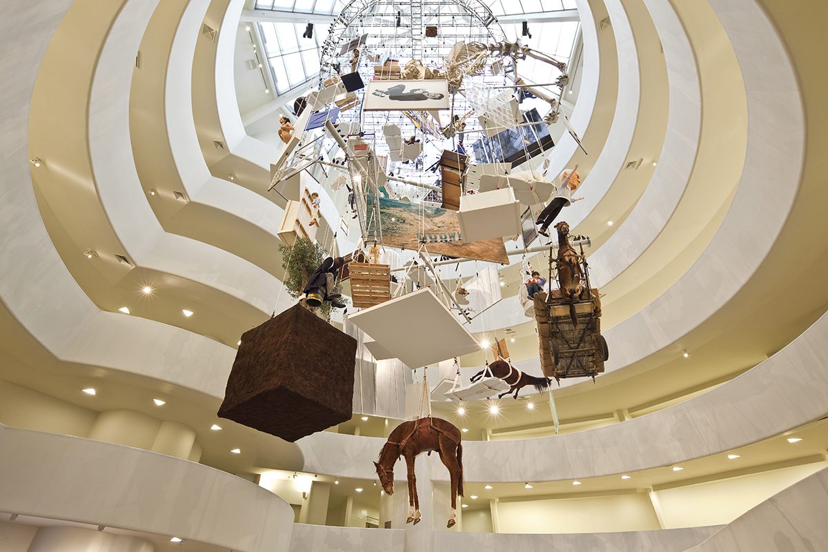 The Guggenheim building with items hanging from the ceiling to the floor