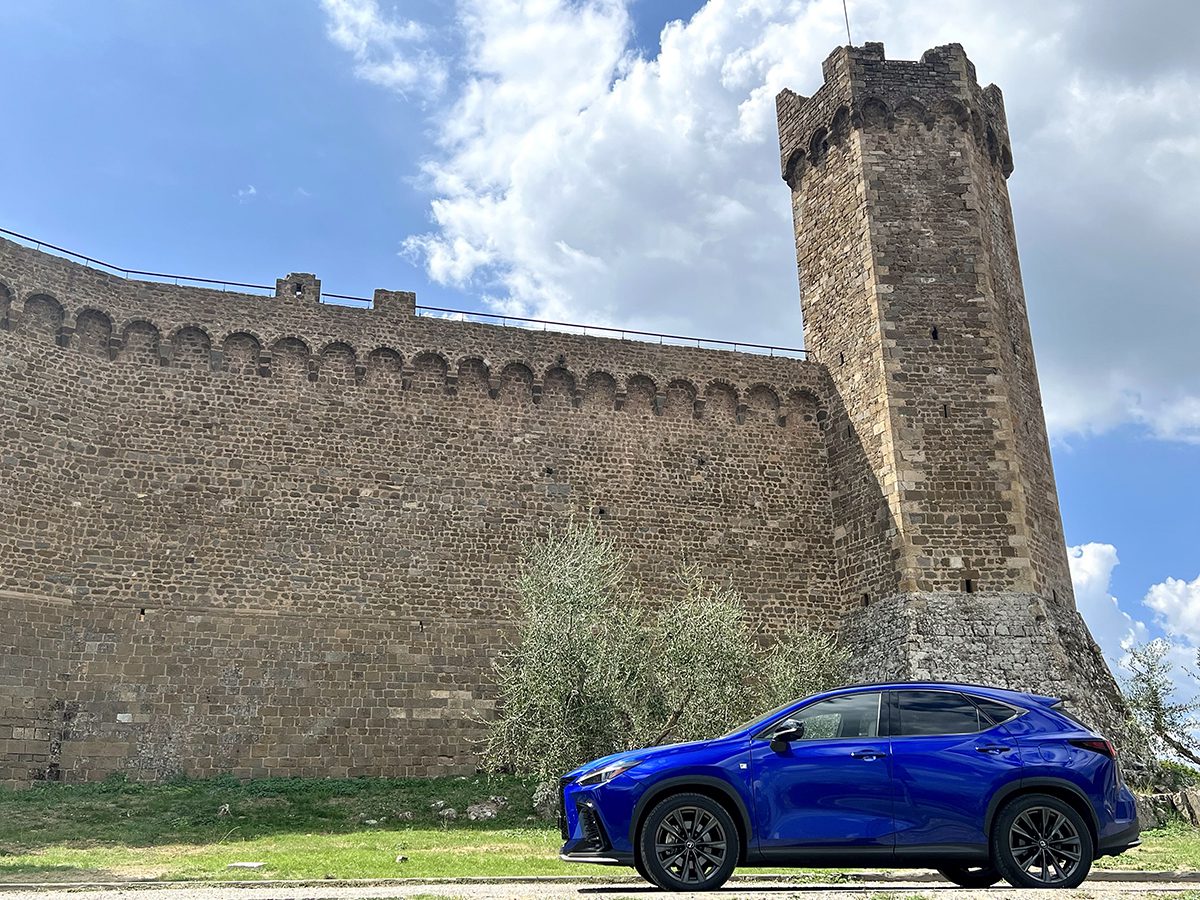 A blue car on a patch of grass next to a castle with a tower and turrets