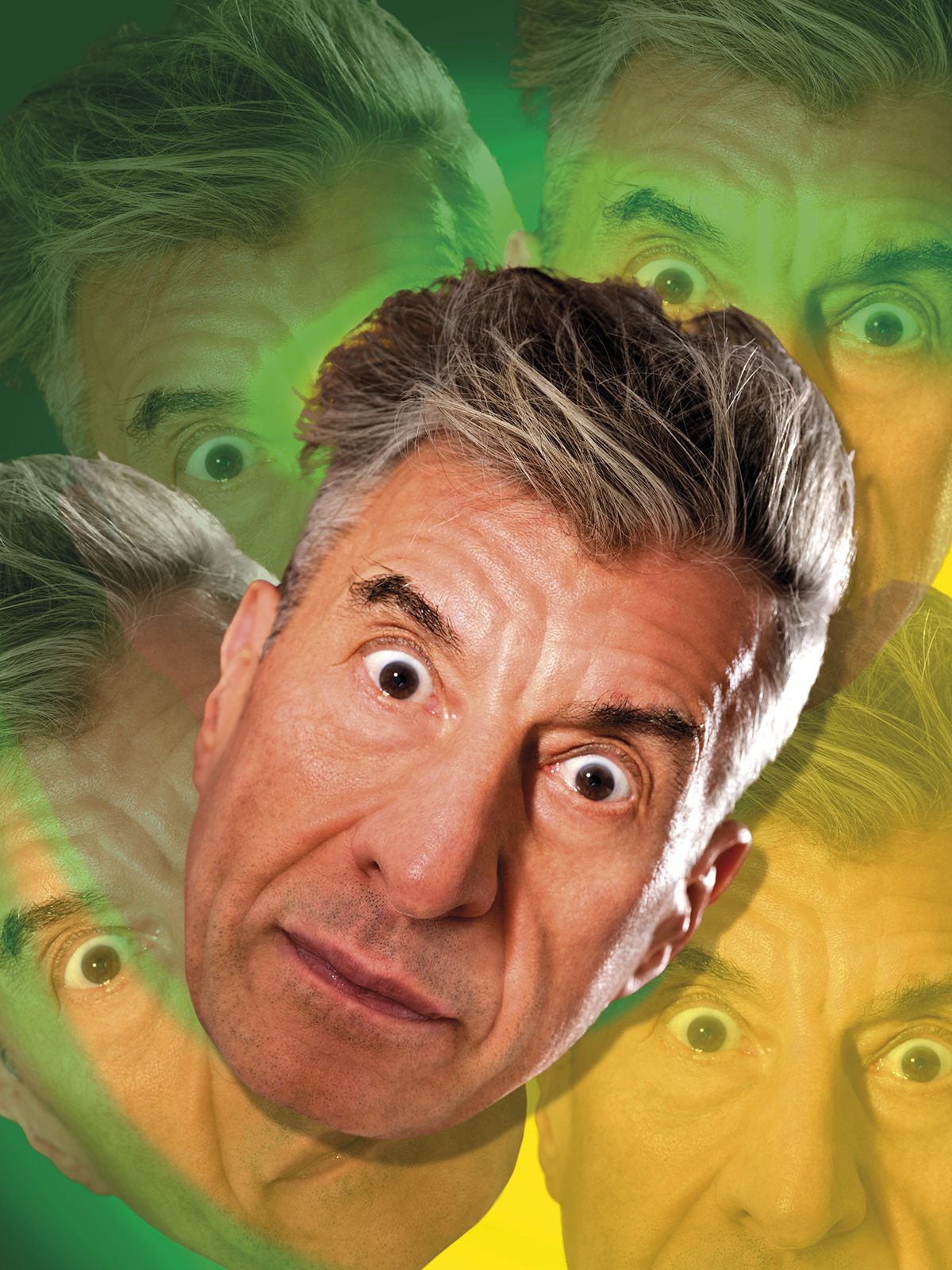 A man's head looking worried surrounded by his head in green and yellow around him