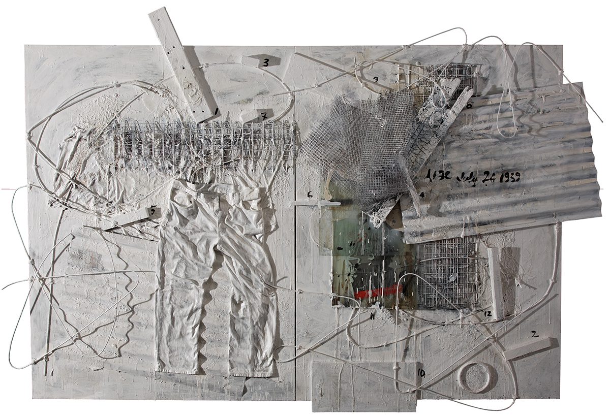 grey and white bits glued onto a canvas