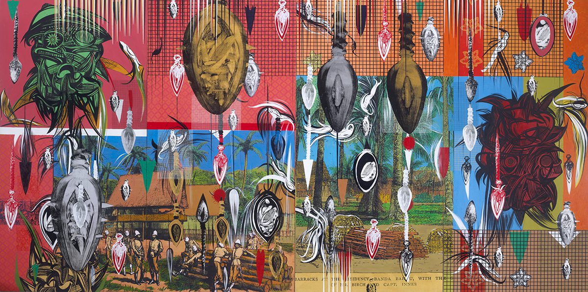A colourful painting with large grey and gold ovals hanging from the air