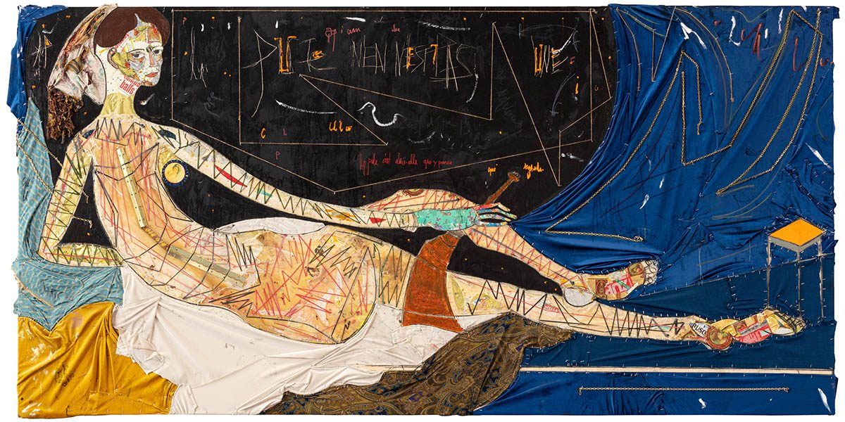 A painting of a woman reclining on a sofa, with lots of scribbles