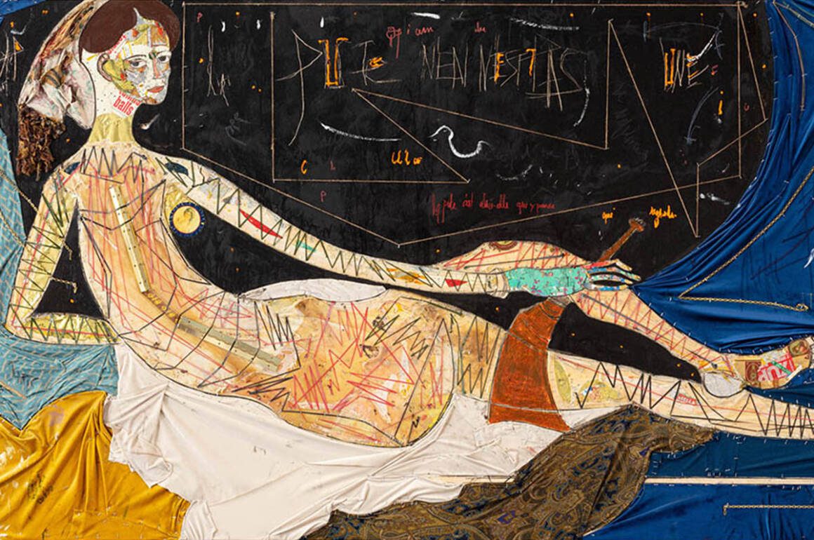 A painting of a woman reclining on a sofa, with lots of scribbles