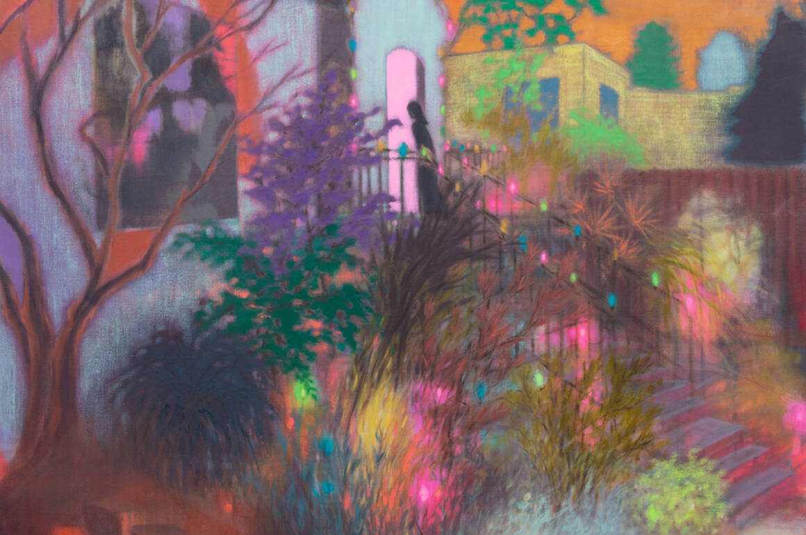 A colourful painting of a woman walking into a house
