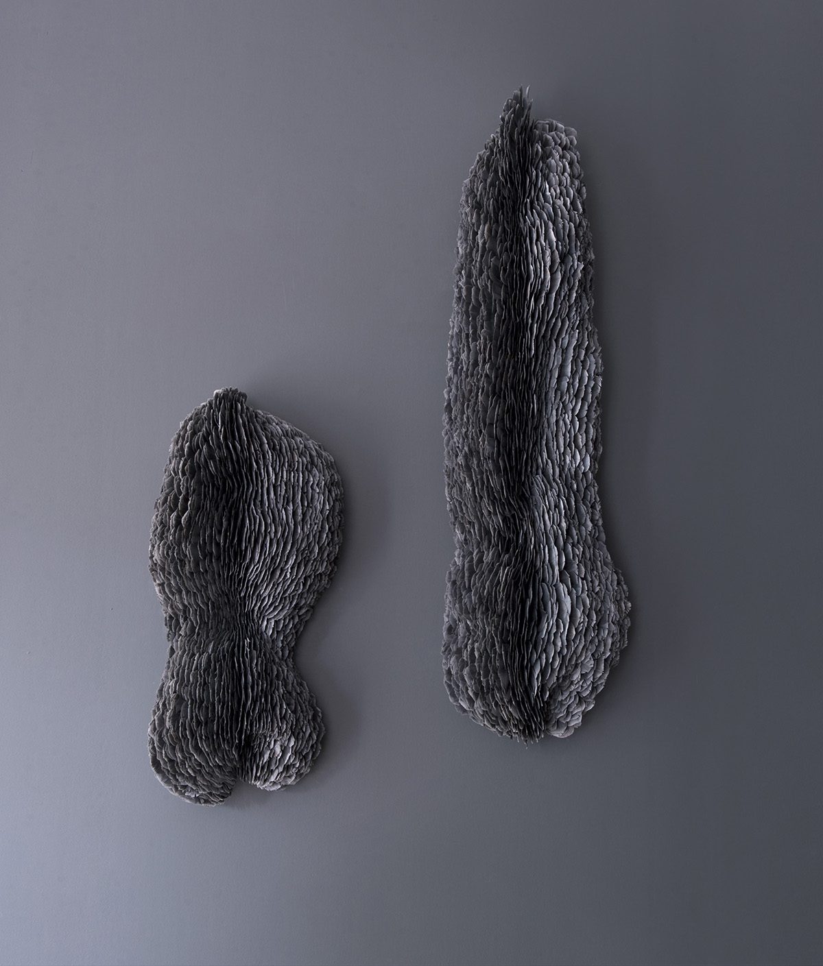 Two grey sculptures hung on a wall