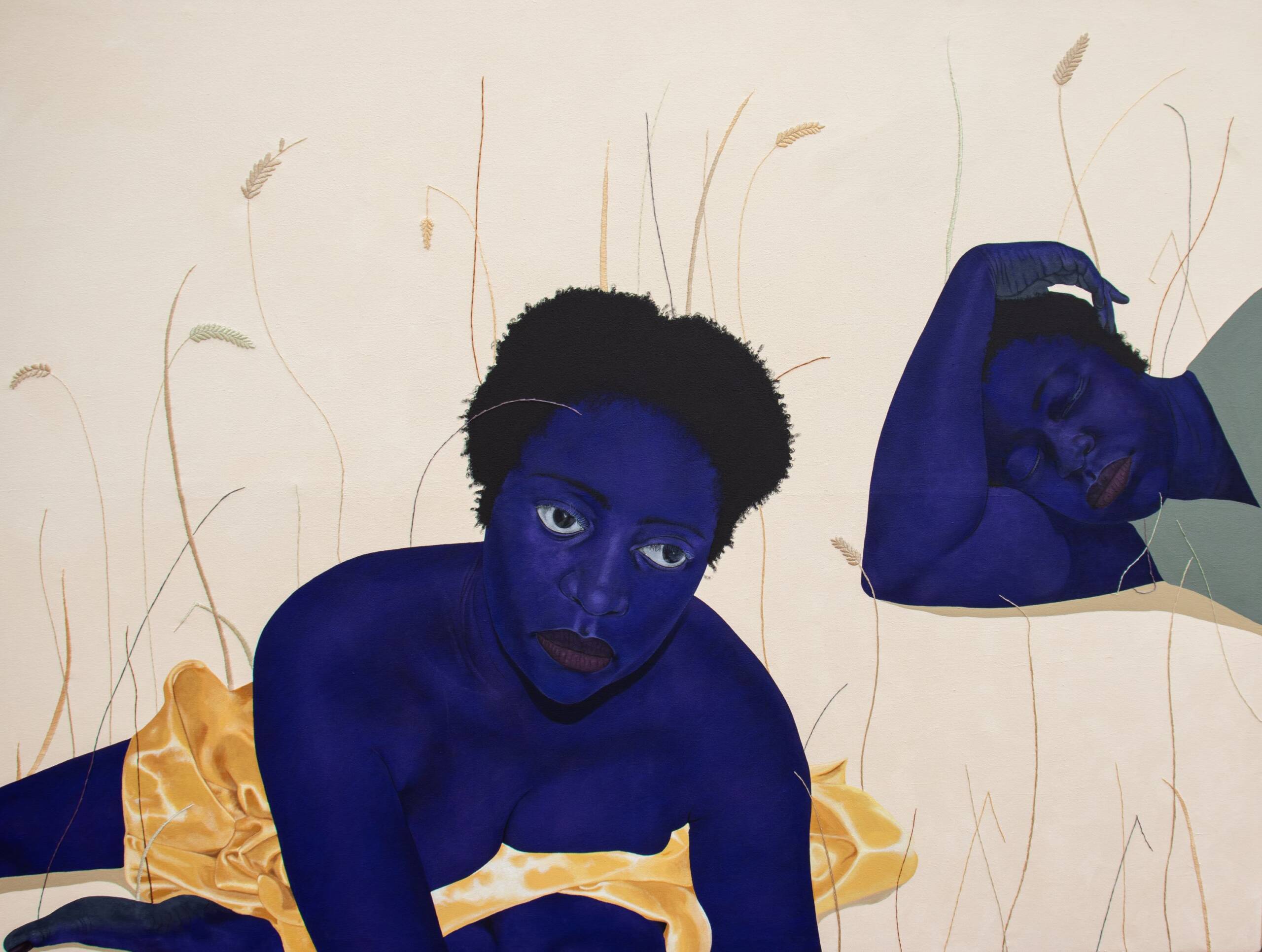 A painting of two blue people with gold around them and flowers