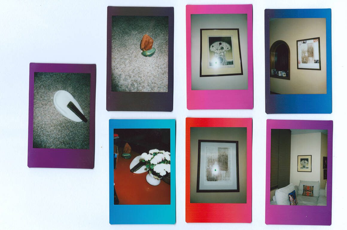 coloured polaroids with pictures of artworks stacked in lines