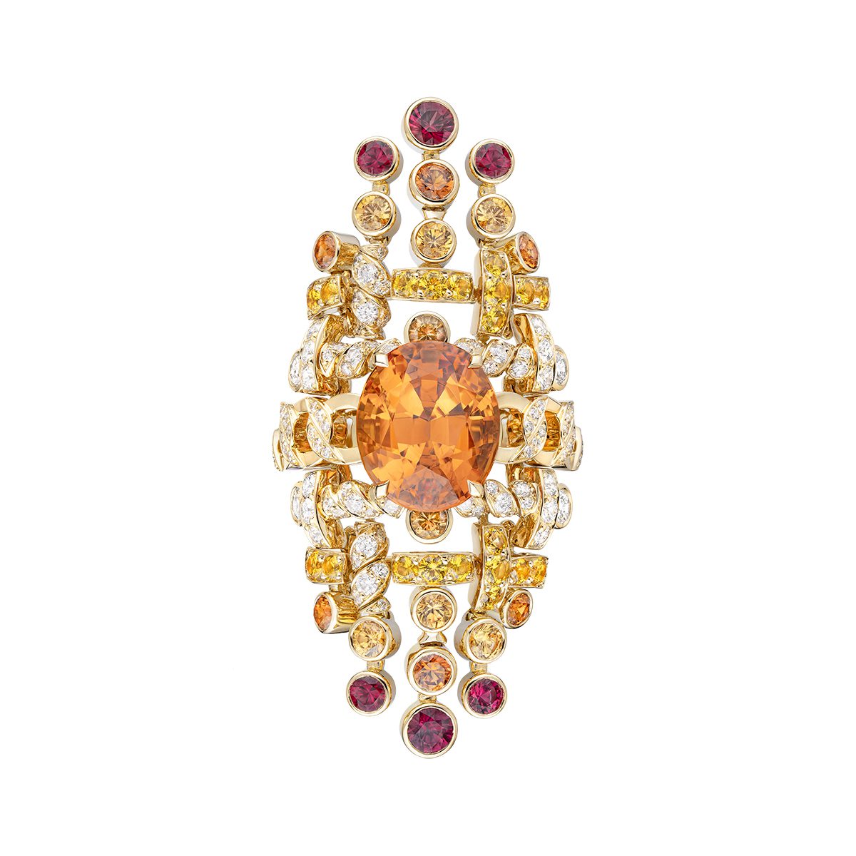 A gold and orange diamond brooch