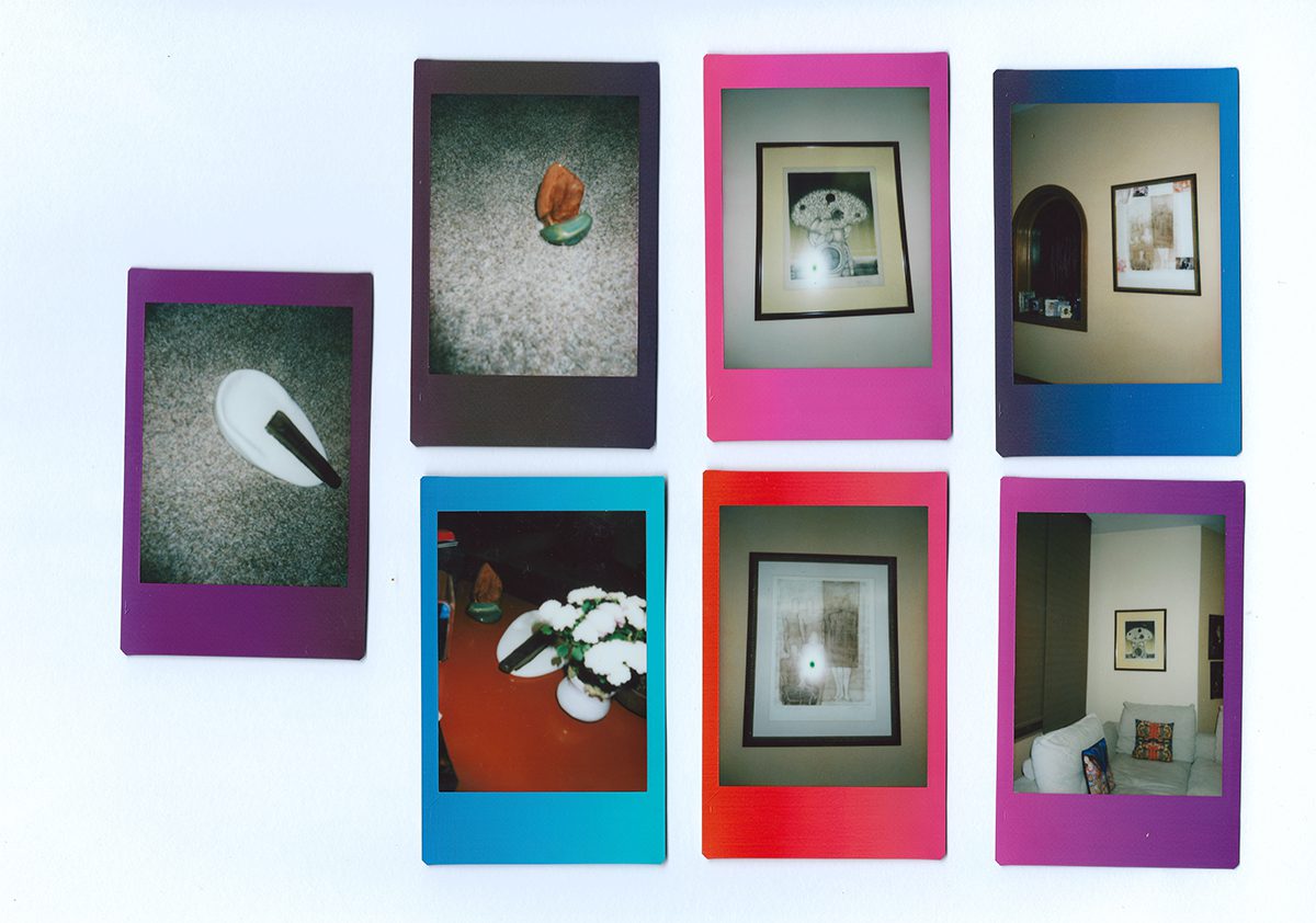 coloured polaroids with pictures of artworks stacked in lines