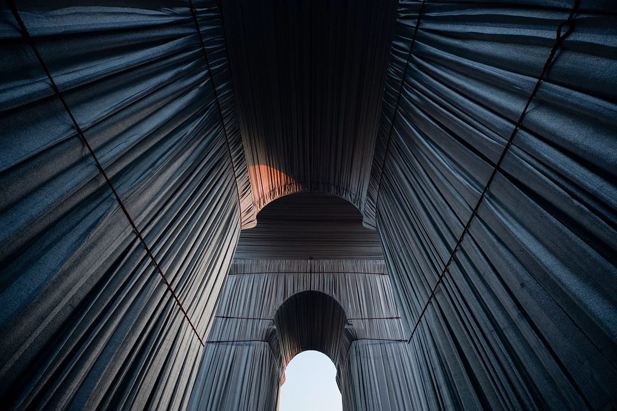Inside a dark tented structure